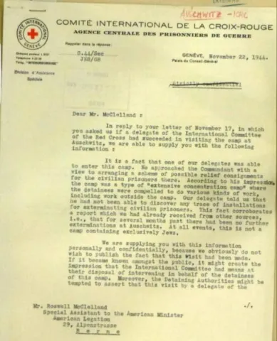 Red Cross letter to American legate concerning Auschwitz.